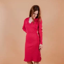 Skirts& Dresses>Melissa Women'S V-Neck Dress Cashmere Rib 2X2 Raspberry